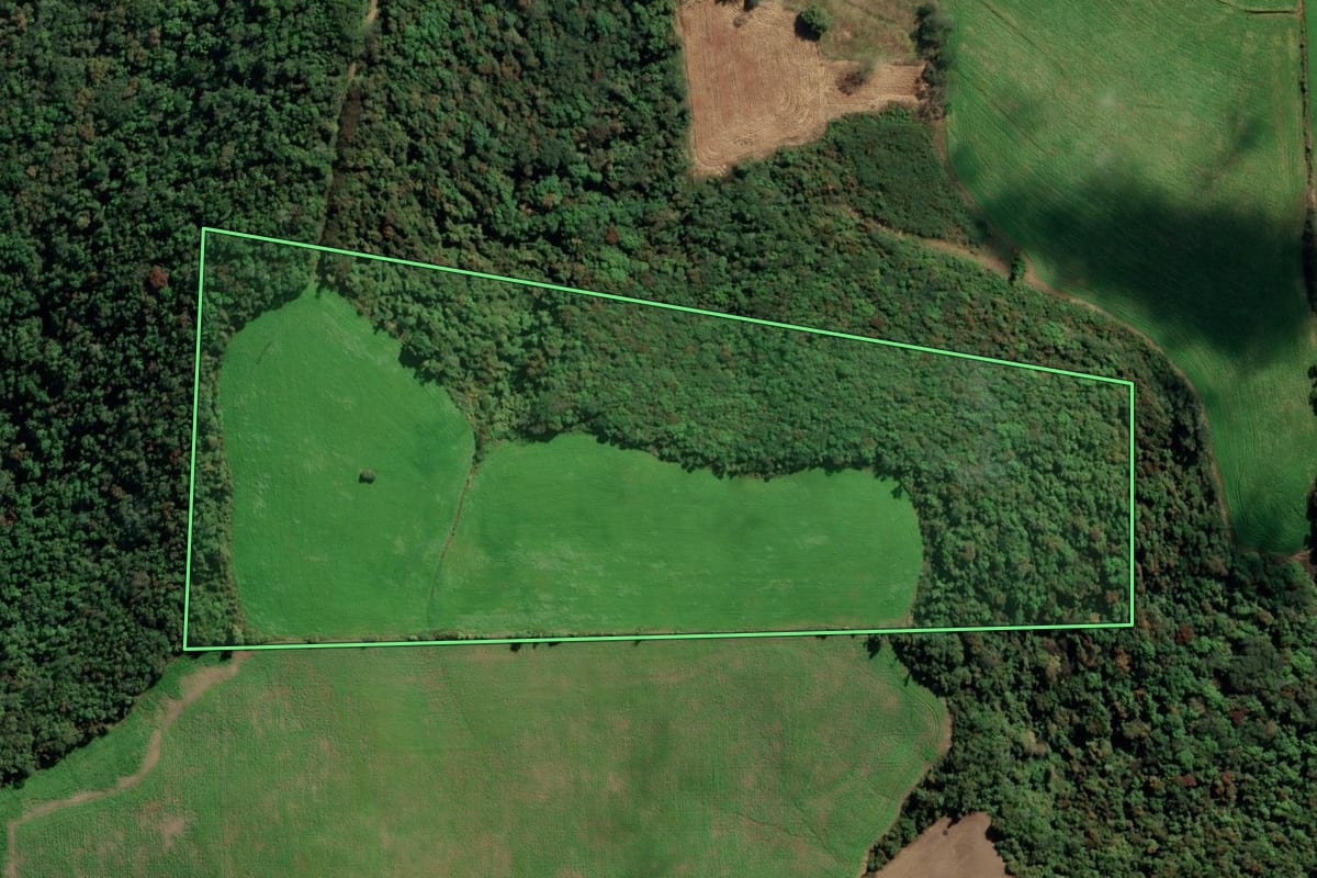 Imagem de satélite do imóvel rural em Vila Maria (RS), com o contorno declarado no CAR desenhado por cima.