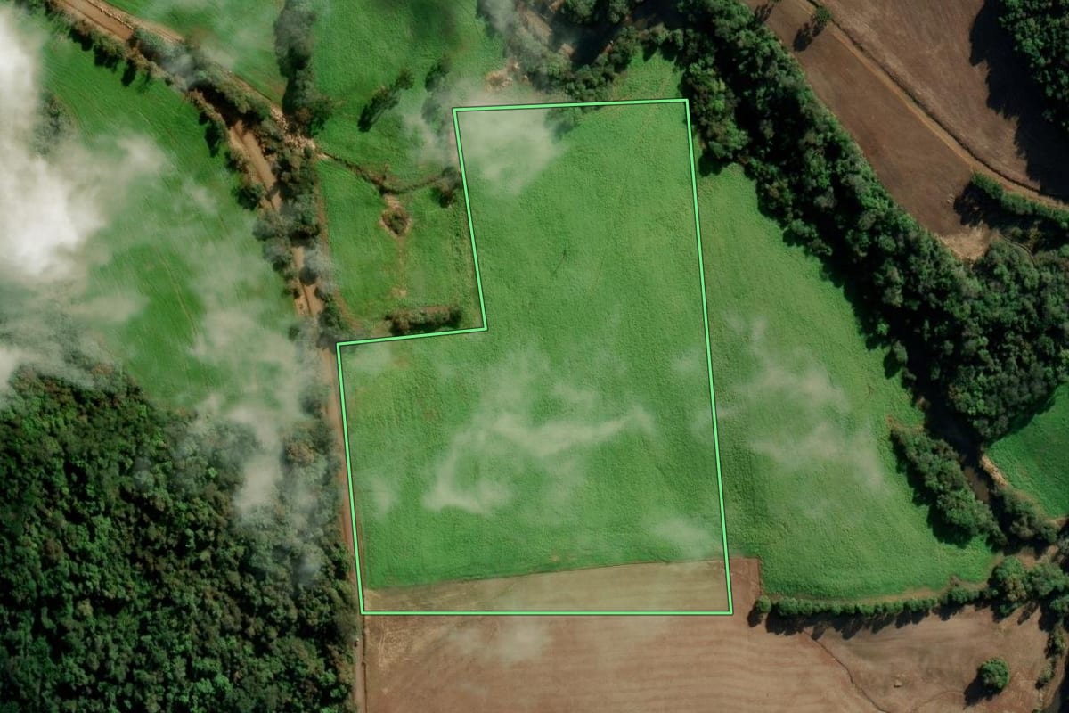 Imagem de satélite do imóvel rural em Vila Maria (RS), com o contorno declarado no CAR desenhado por cima.