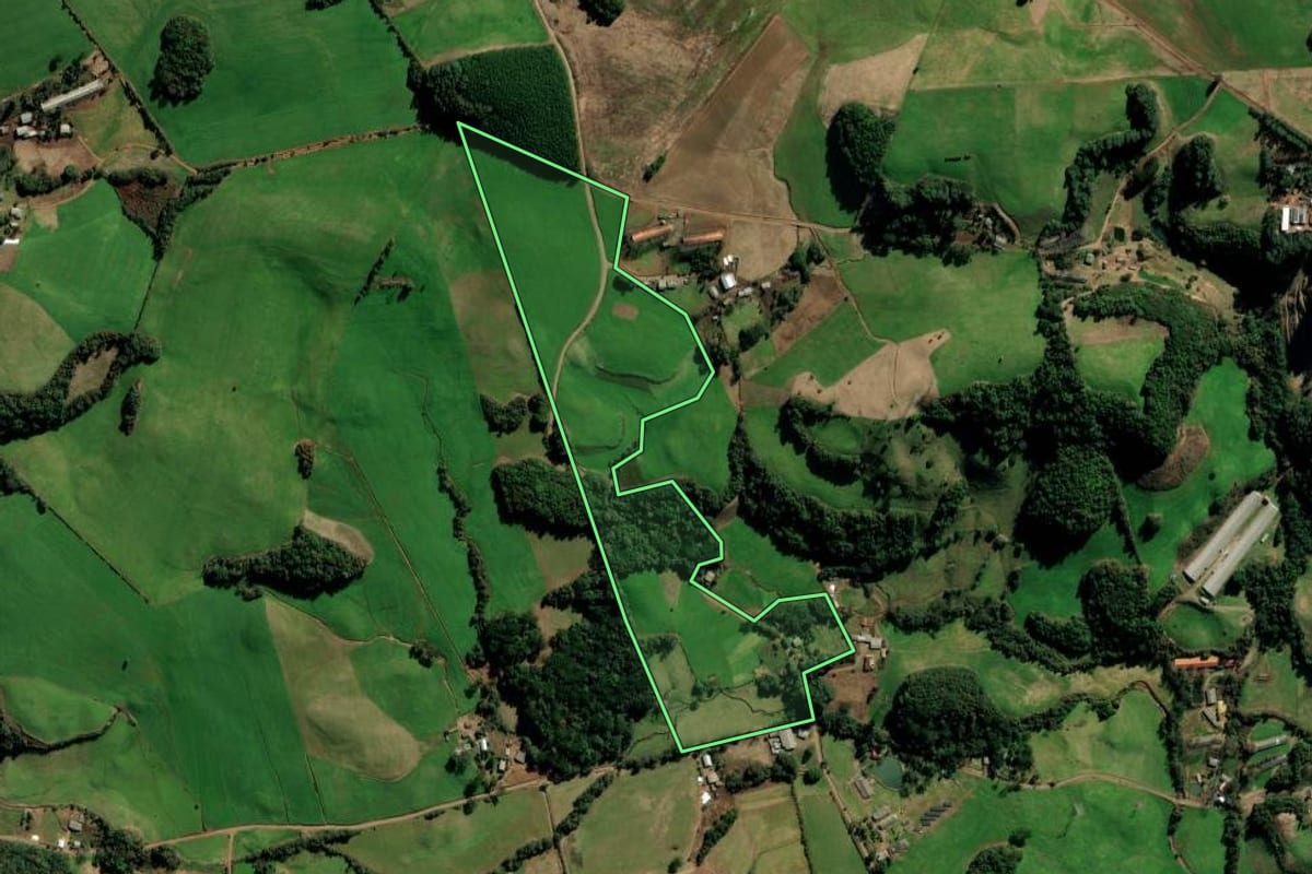 Imagem de satélite do imóvel rural em Vila Maria (RS), com o contorno declarado no CAR desenhado por cima.