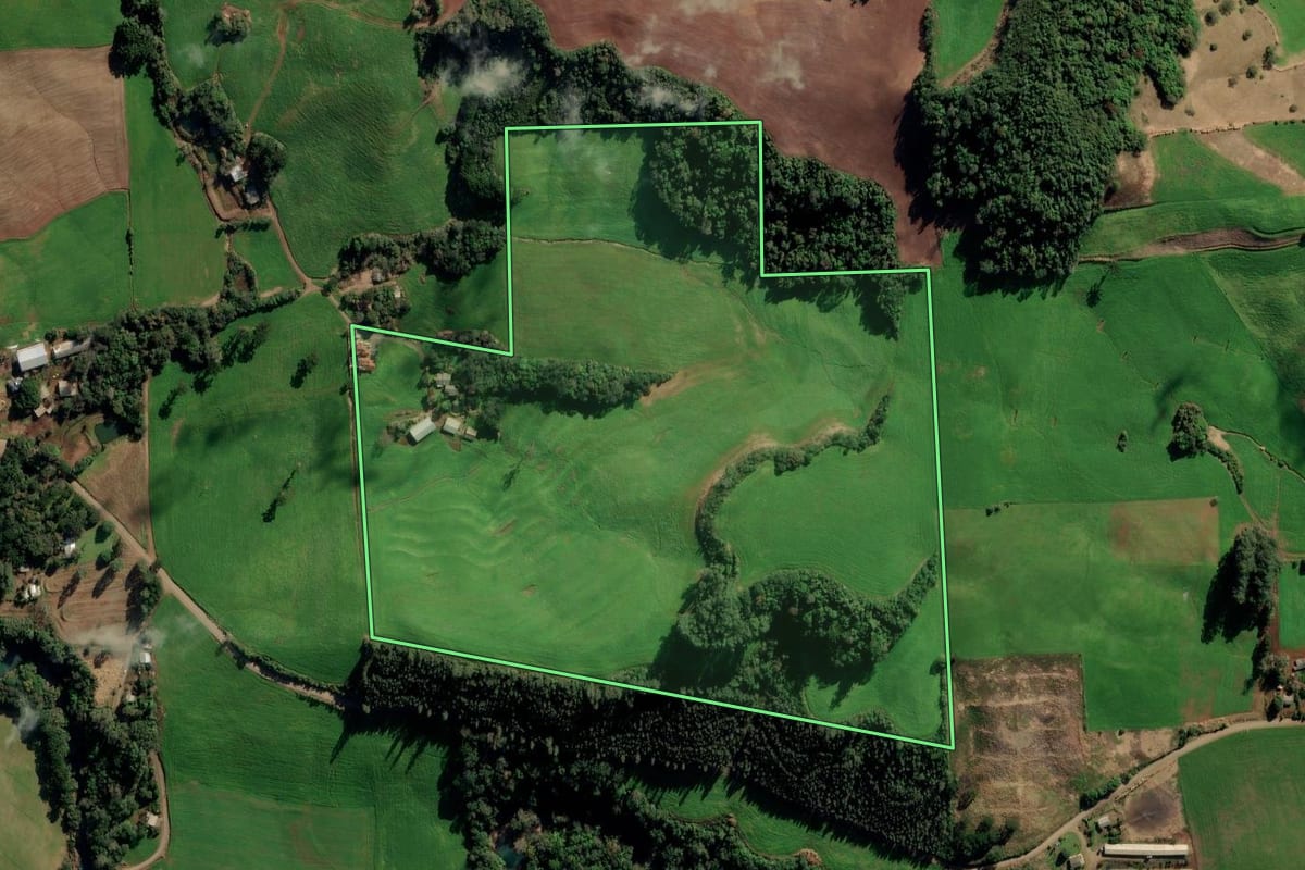 Imagem de satélite do imóvel rural em Vila Maria (RS), com o contorno declarado no CAR desenhado por cima.