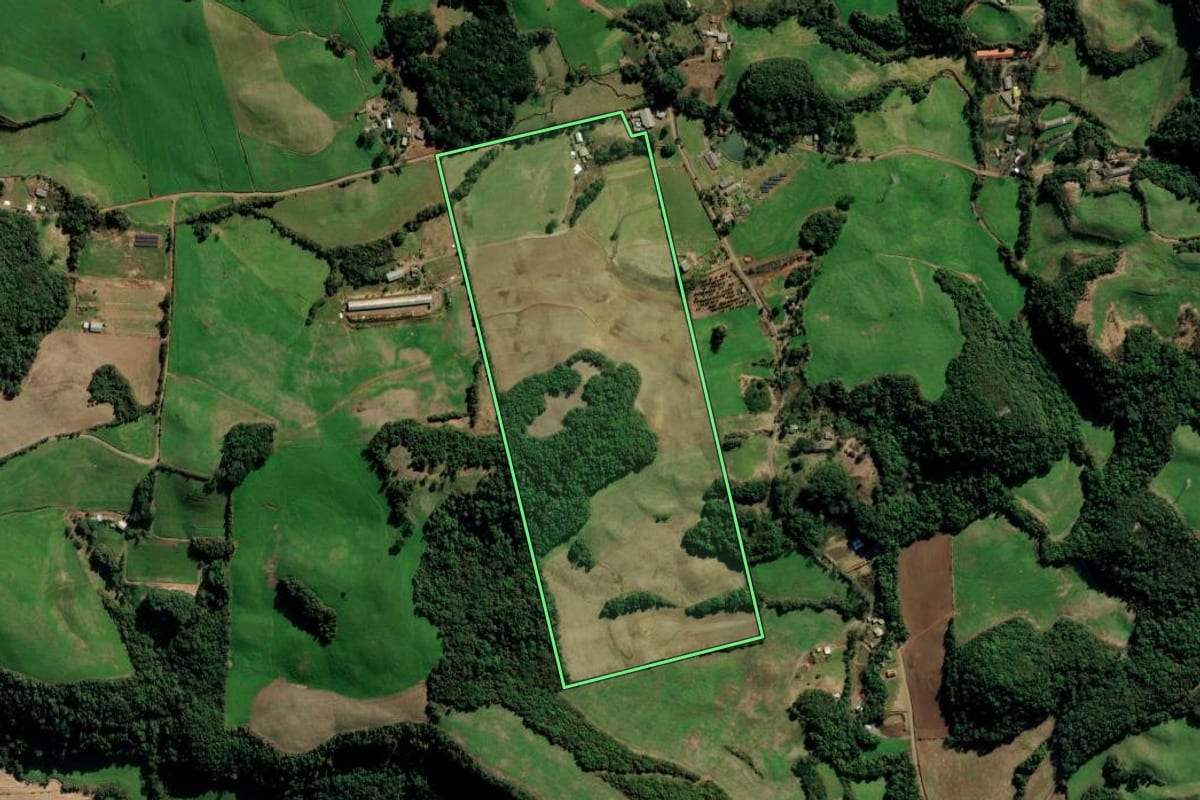 Imagem de satélite do imóvel rural em Vila Maria (RS), com o contorno declarado no CAR desenhado por cima.