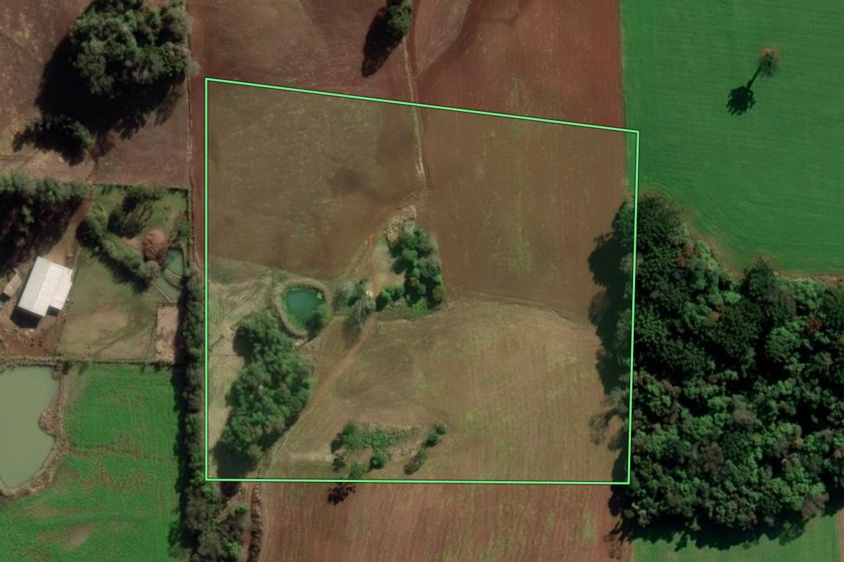 Imagem de satélite do imóvel rural em Vila Maria (RS), com o contorno declarado no CAR desenhado por cima.