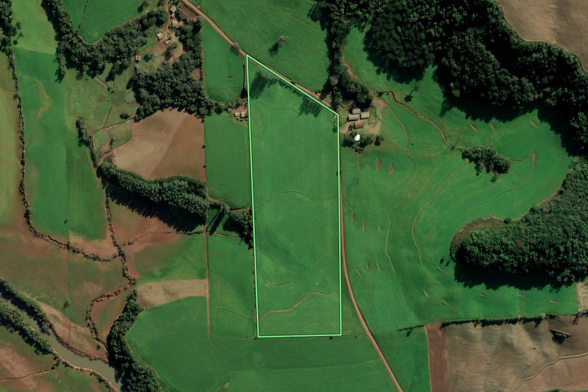 Imagem de satélite do imóvel rural em Vila Maria (RS), com o contorno declarado no CAR desenhado por cima.