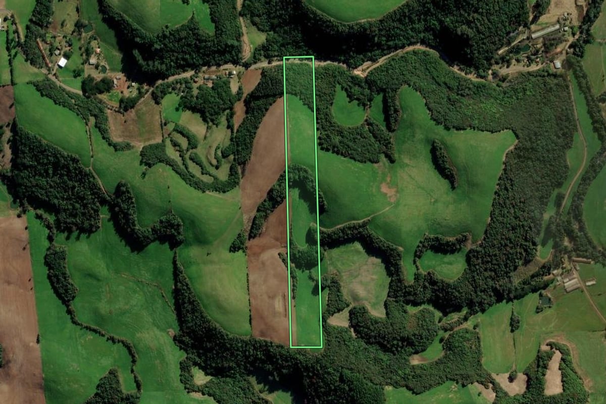 Imagem de satélite do imóvel rural em Vila Maria (RS), com o contorno declarado no CAR desenhado por cima.
