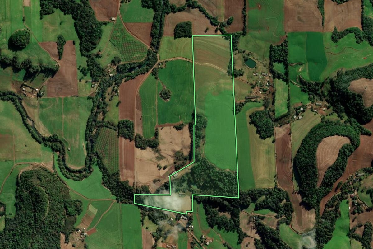 Imagem de satélite do imóvel rural em Vila Maria (RS), com o contorno declarado no CAR desenhado por cima.