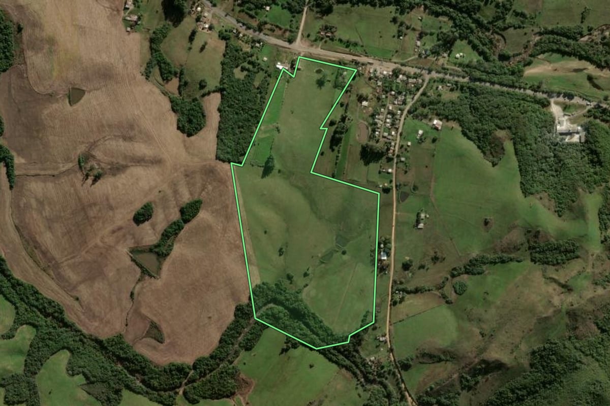 Imagem de satélite do imóvel rural em Vila Nova do Sul (RS), com o contorno declarado no CAR desenhado por cima.