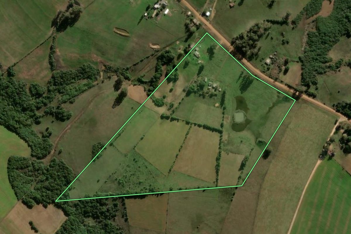 Imagem de satélite do imóvel rural em Vila Nova do Sul (RS), com o contorno declarado no CAR desenhado por cima.