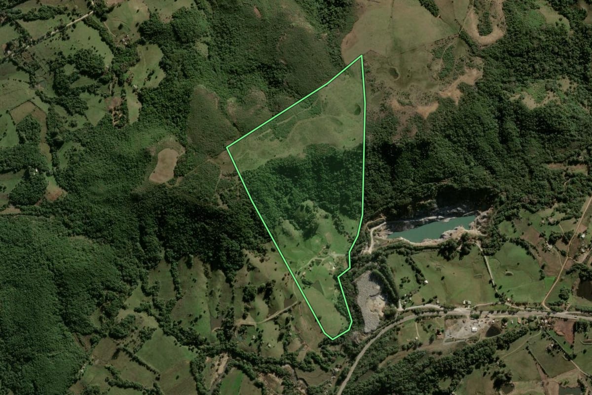 Imagem de satélite do imóvel rural em Vila Nova do Sul (RS), com o contorno declarado no CAR desenhado por cima.