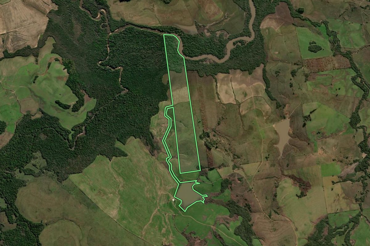 Imagem de satélite do imóvel rural em Vila Nova do Sul (RS), com o contorno declarado no CAR desenhado por cima.