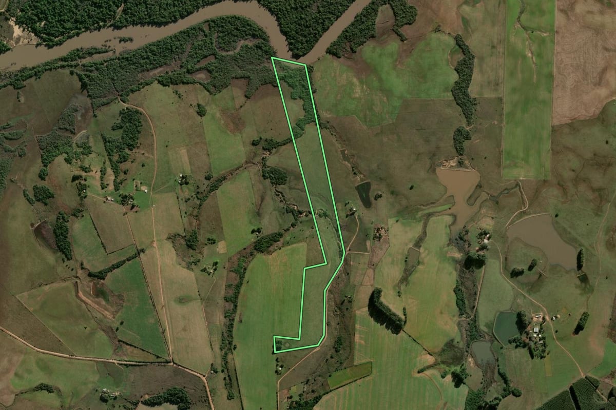 Imagem de satélite do imóvel rural em Vila Nova do Sul (RS), com o contorno declarado no CAR desenhado por cima.