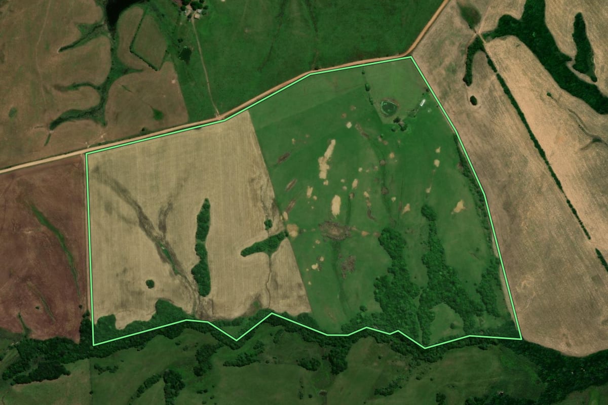 Imagem de satélite do imóvel rural em Vila Nova do Sul (RS), com o contorno declarado no CAR desenhado por cima.