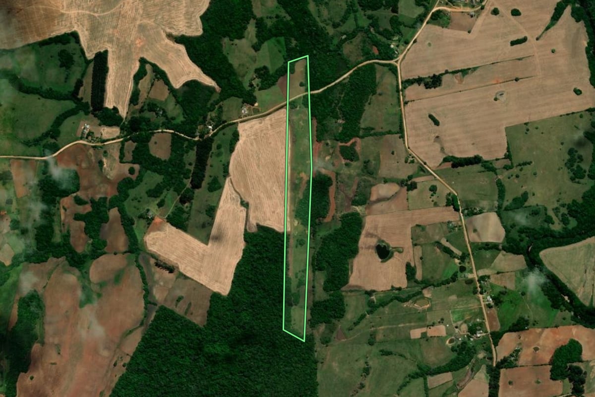 Imagem de satélite do imóvel rural em Vila Nova do Sul (RS), com o contorno declarado no CAR desenhado por cima.