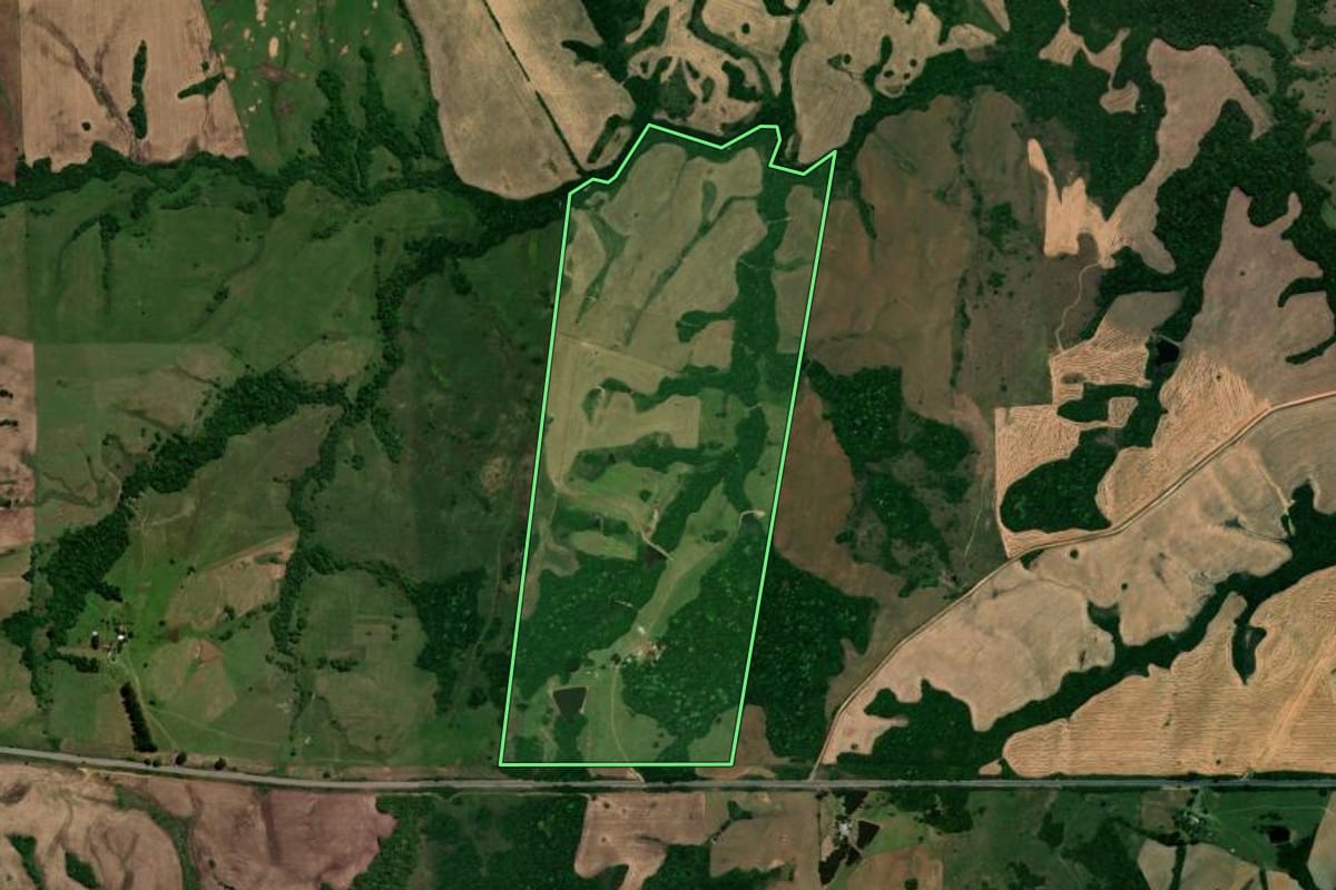 Imagem de satélite do imóvel rural em Vila Nova do Sul (RS), com o contorno declarado no CAR desenhado por cima.