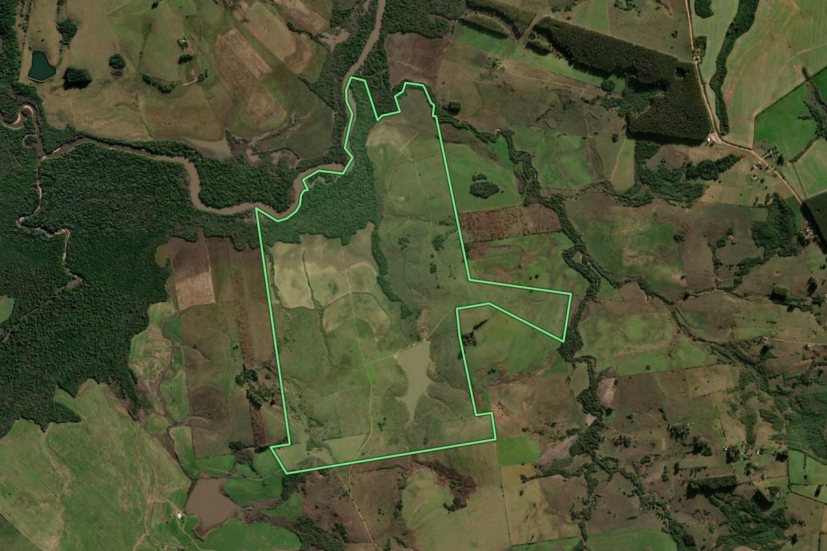 Imagem de satélite do imóvel rural em Vila Nova do Sul (RS), com o contorno declarado no CAR desenhado por cima.