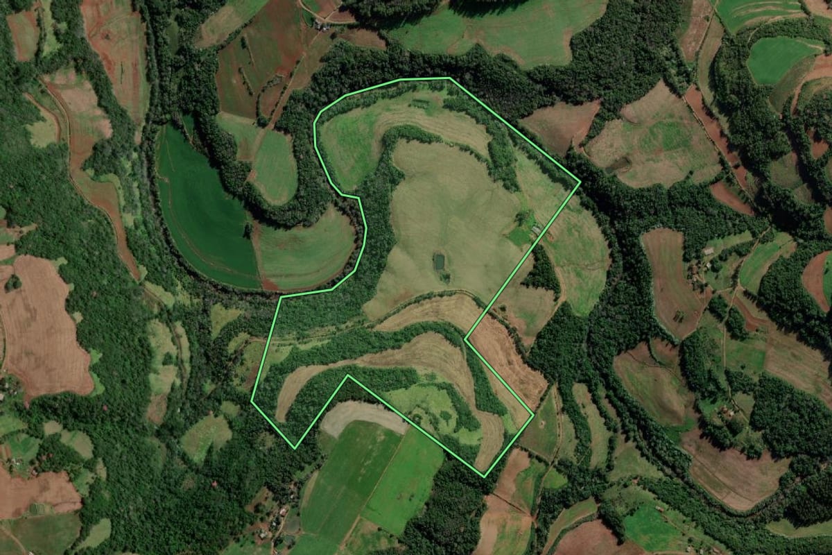 Imagem de satélite do imóvel rural em Vista Alegre (RS), com o contorno declarado no CAR desenhado por cima.