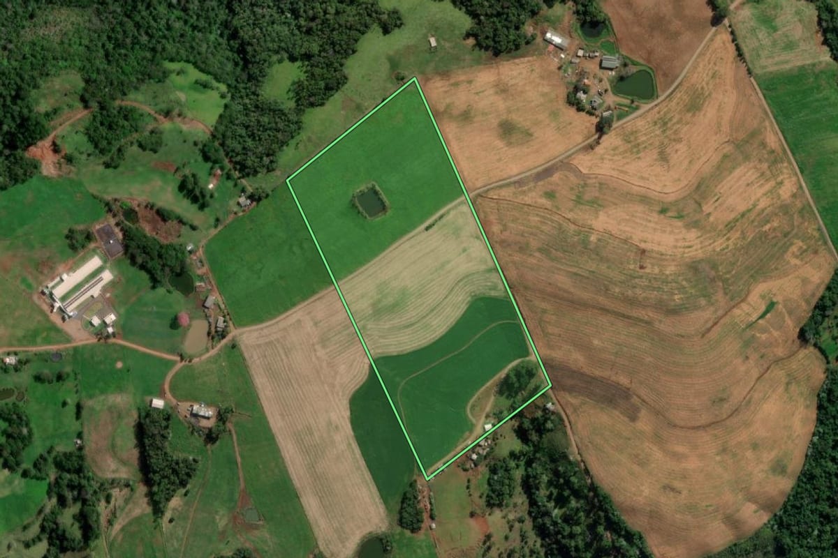 Imagem de satélite do imóvel rural em Vista Alegre (RS), com o contorno declarado no CAR desenhado por cima.