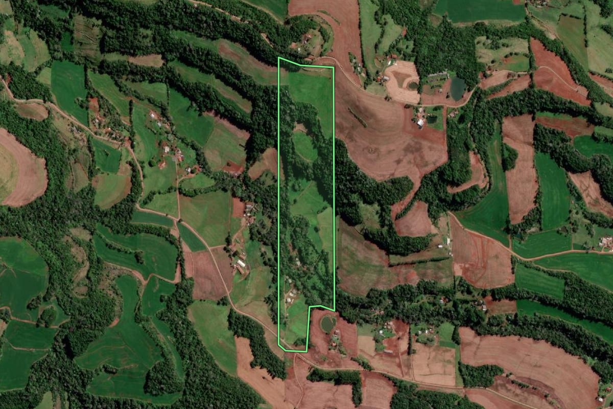 Imagem de satélite do imóvel rural em Vista Gaúcha (RS), com o contorno declarado no CAR desenhado por cima.