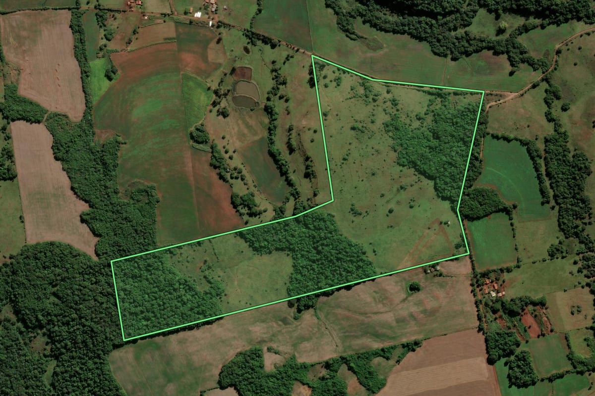Imagem de satélite do imóvel rural em Vitória das Missões (RS), com o contorno declarado no CAR desenhado por cima.