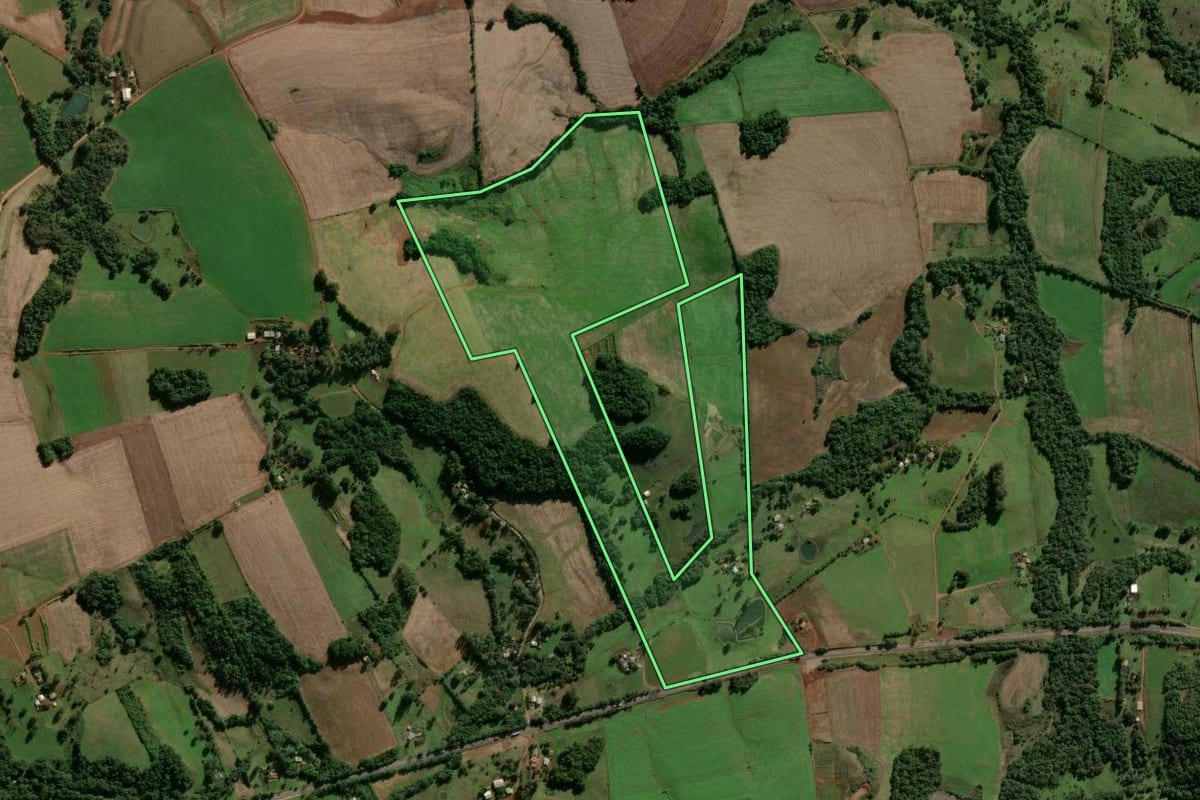 Imagem de satélite do imóvel rural em Vitória das Missões (RS), com o contorno declarado no CAR desenhado por cima.