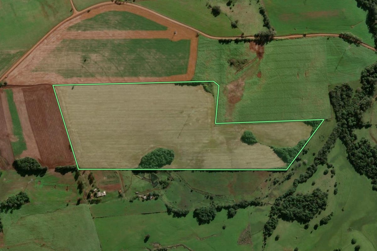 Imagem de satélite do imóvel rural em Vitória das Missões (RS), com o contorno declarado no CAR desenhado por cima.