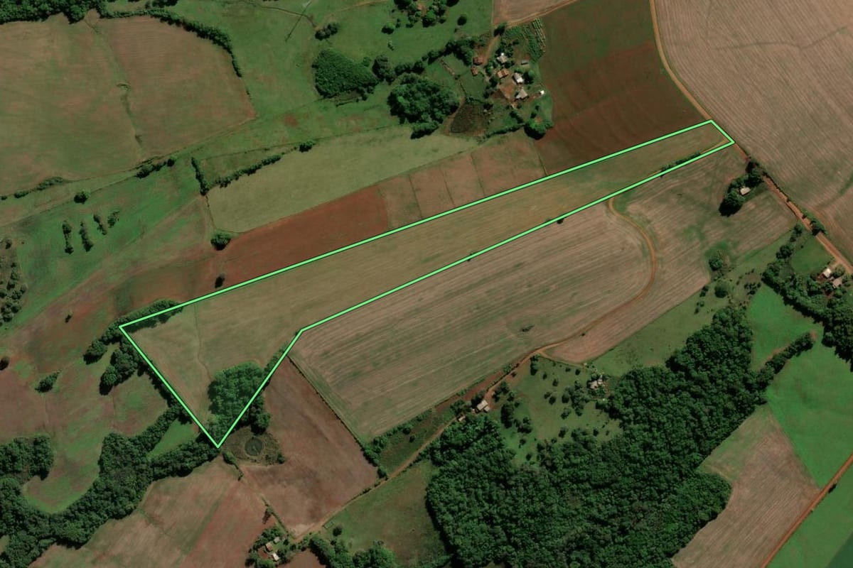 Imagem de satélite do imóvel rural em Vitória das Missões (RS), com o contorno declarado no CAR desenhado por cima.