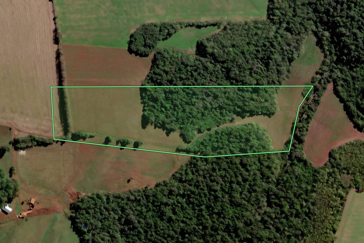 Imagem de satélite do imóvel rural em Vitória das Missões (RS), com o contorno declarado no CAR desenhado por cima.
