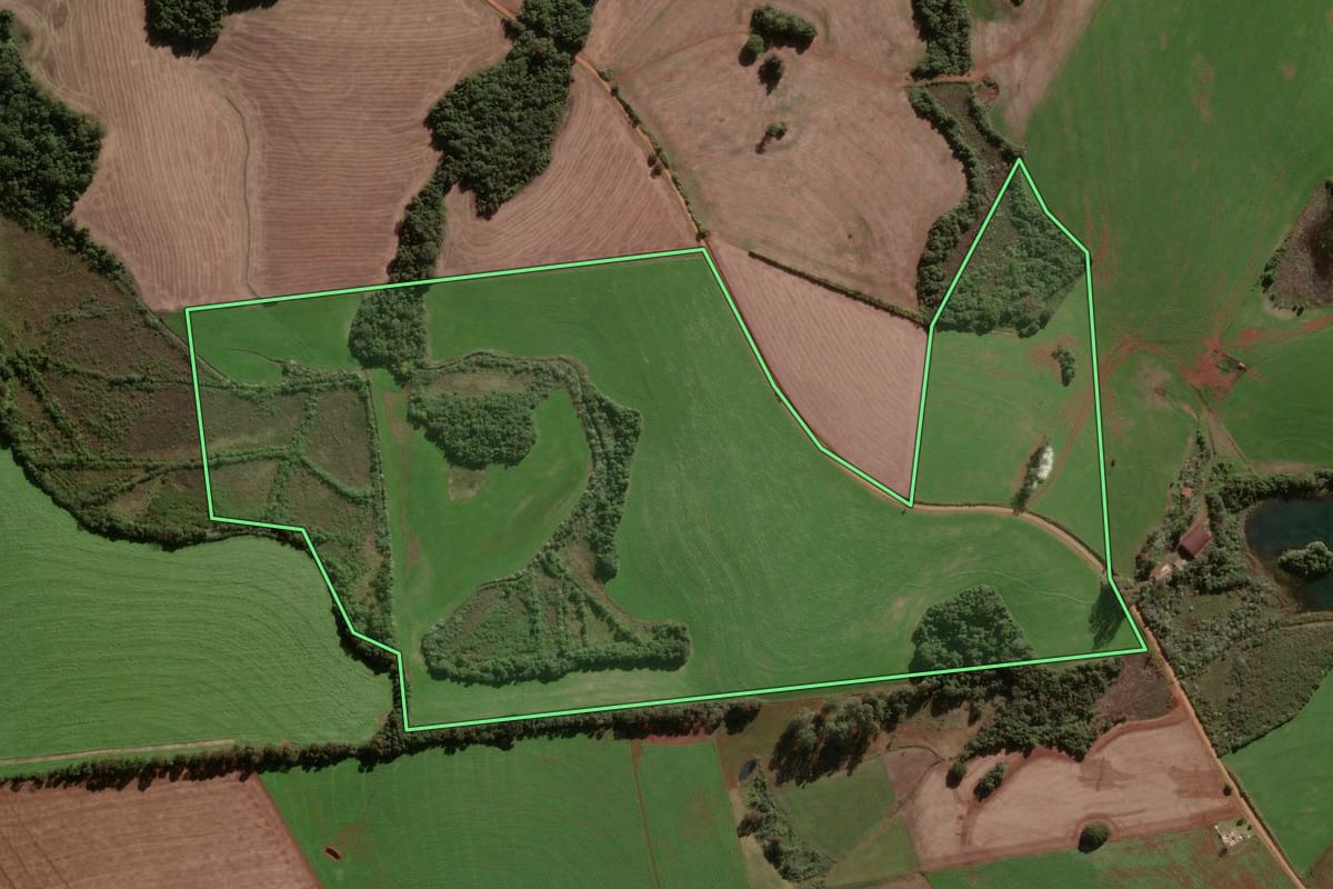 Imagem de satélite do imóvel rural em Vitória das Missões (RS), com o contorno declarado no CAR desenhado por cima.
