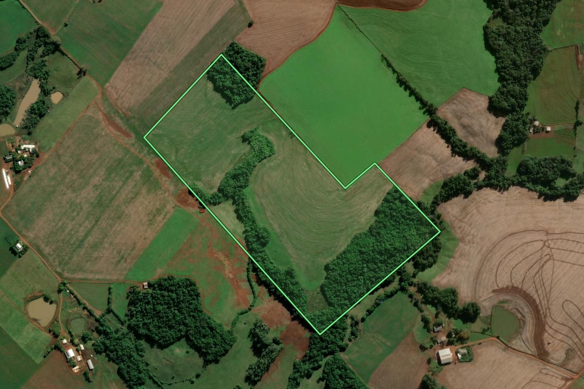 Imagem de satélite do imóvel rural em Vitória das Missões (RS), com o contorno declarado no CAR desenhado por cima.