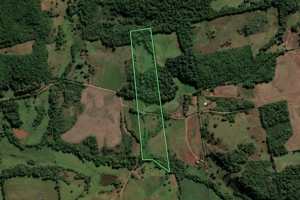 Imagem de satélite do imóvel rural em Vitória das Missões (RS), com o contorno declarado no CAR desenhado por cima.
