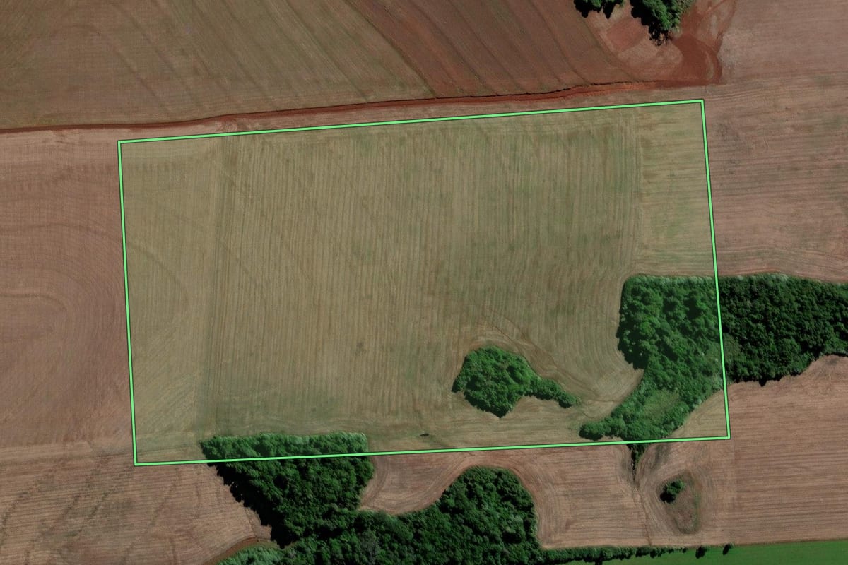 Imagem de satélite do imóvel rural em Vitória das Missões (RS), com o contorno declarado no CAR desenhado por cima.