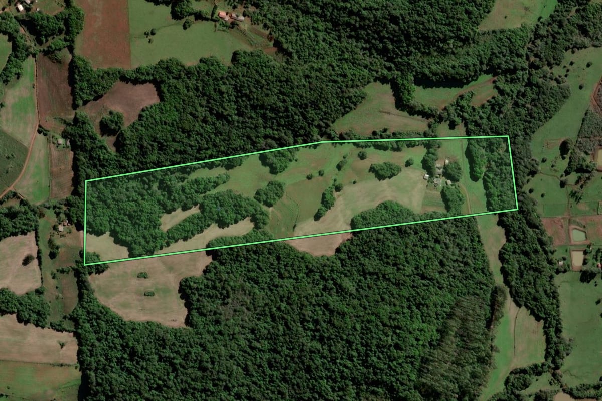 Imagem de satélite do imóvel rural em Vitória das Missões (RS), com o contorno declarado no CAR desenhado por cima.