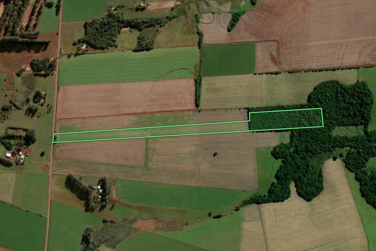 Imagem de satélite do imóvel rural em Vitória das Missões (RS), com o contorno declarado no CAR desenhado por cima.