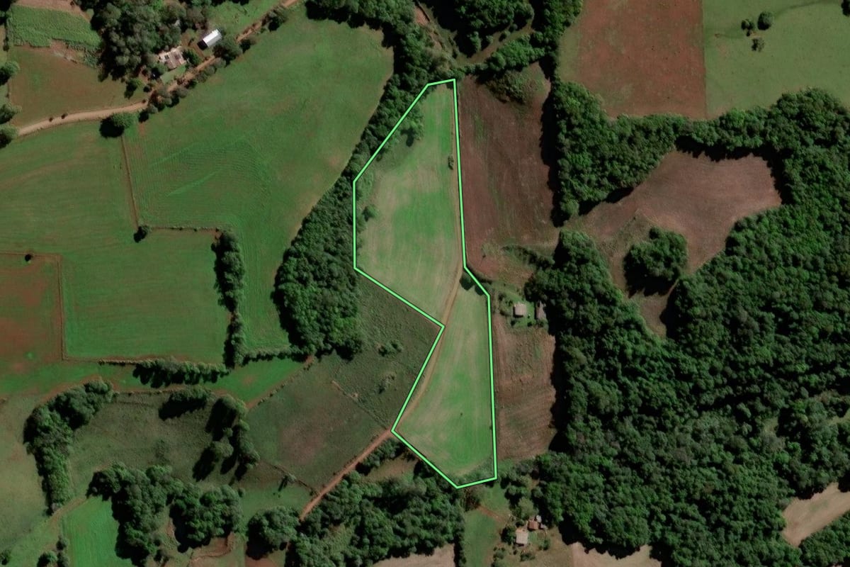 Imagem de satélite do imóvel rural em Vitória das Missões (RS), com o contorno declarado no CAR desenhado por cima.