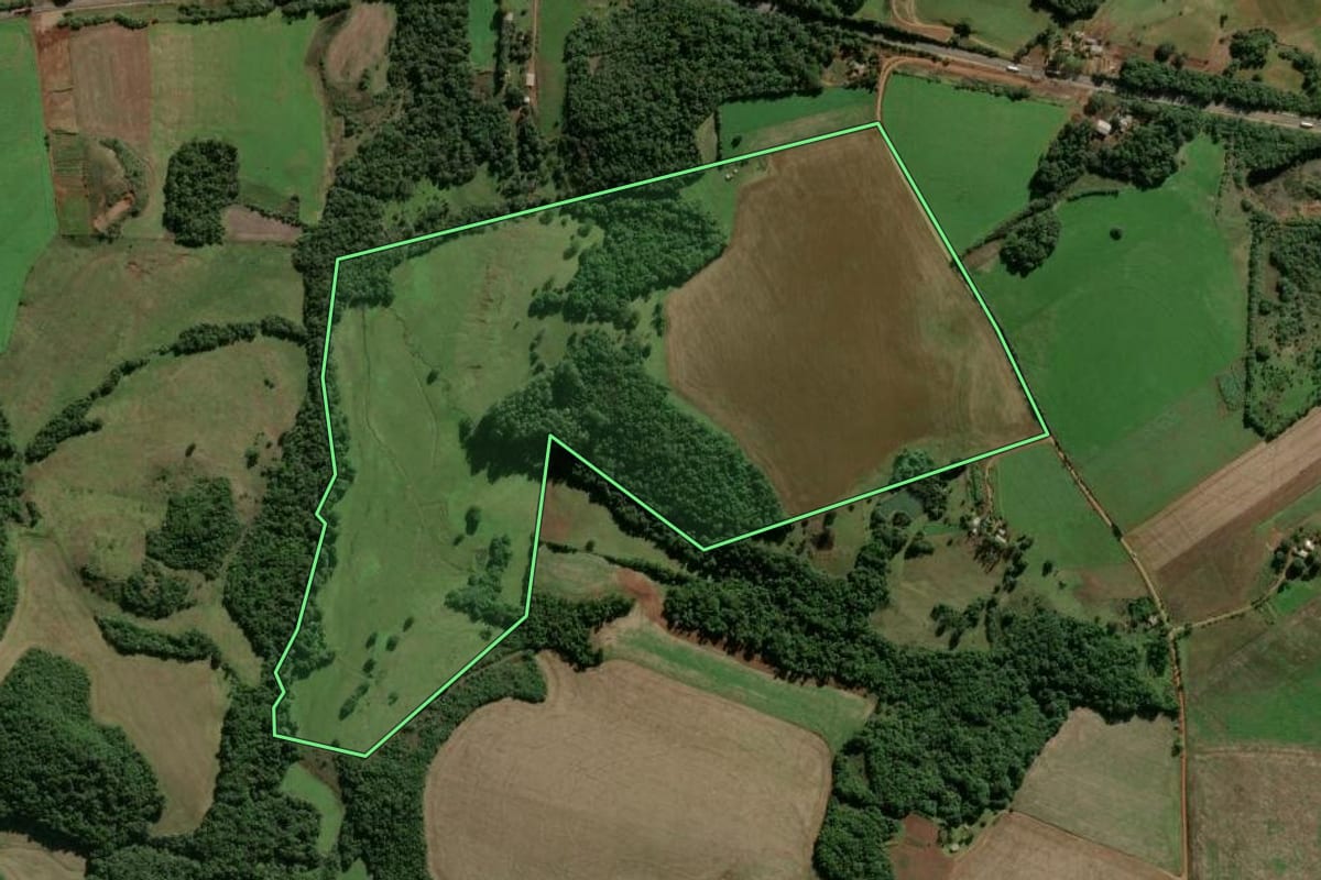 Imagem de satélite do imóvel rural em Vitória das Missões (RS), com o contorno declarado no CAR desenhado por cima.