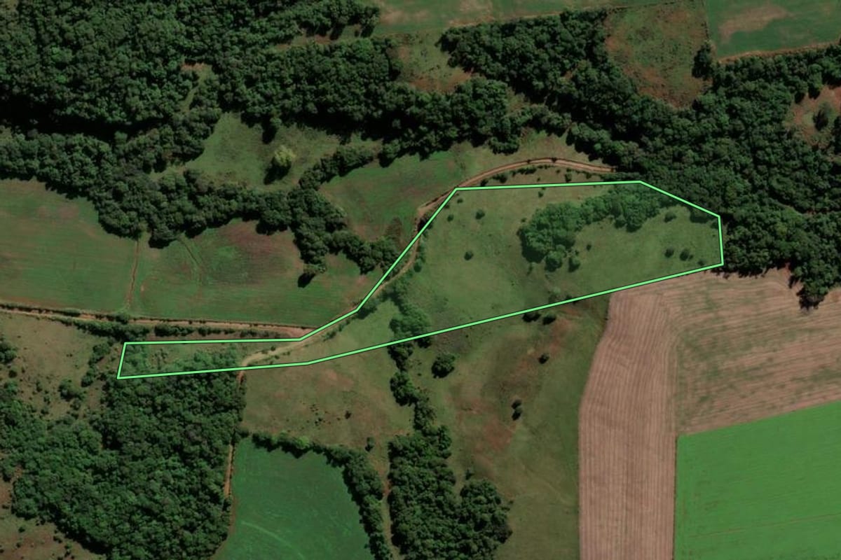 Imagem de satélite do imóvel rural em Vitória das Missões (RS), com o contorno declarado no CAR desenhado por cima.