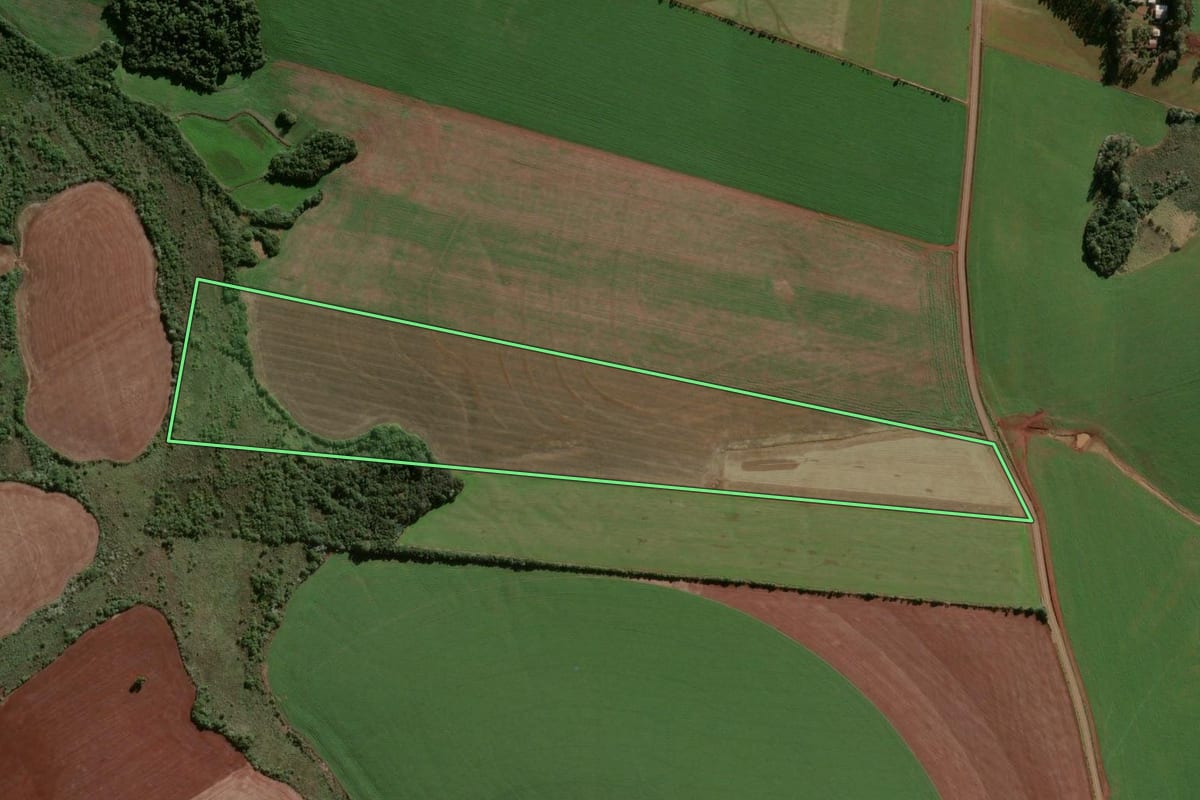 Imagem de satélite do imóvel rural em Vitória das Missões (RS), com o contorno declarado no CAR desenhado por cima.