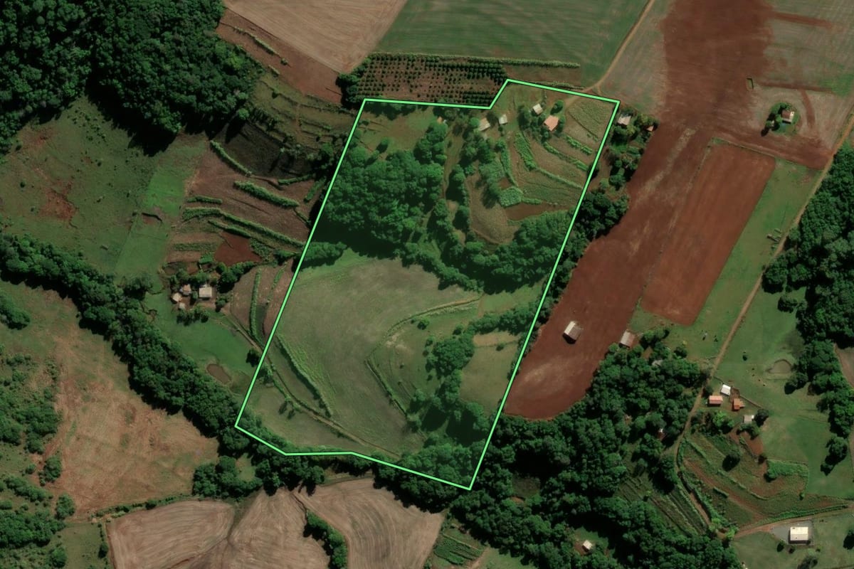 Imagem de satélite do imóvel rural em Vitória das Missões (RS), com o contorno declarado no CAR desenhado por cima.