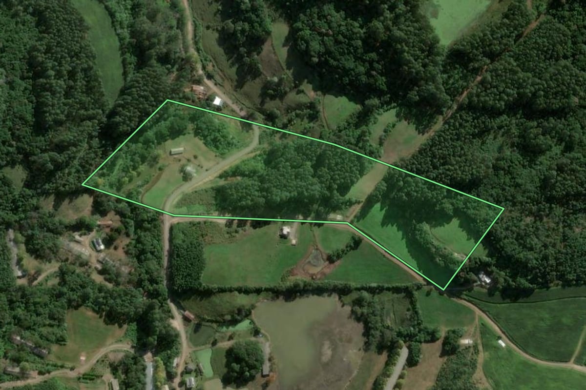 Imagem de satélite do imóvel rural em Westfália (RS), com o contorno declarado no CAR desenhado por cima.