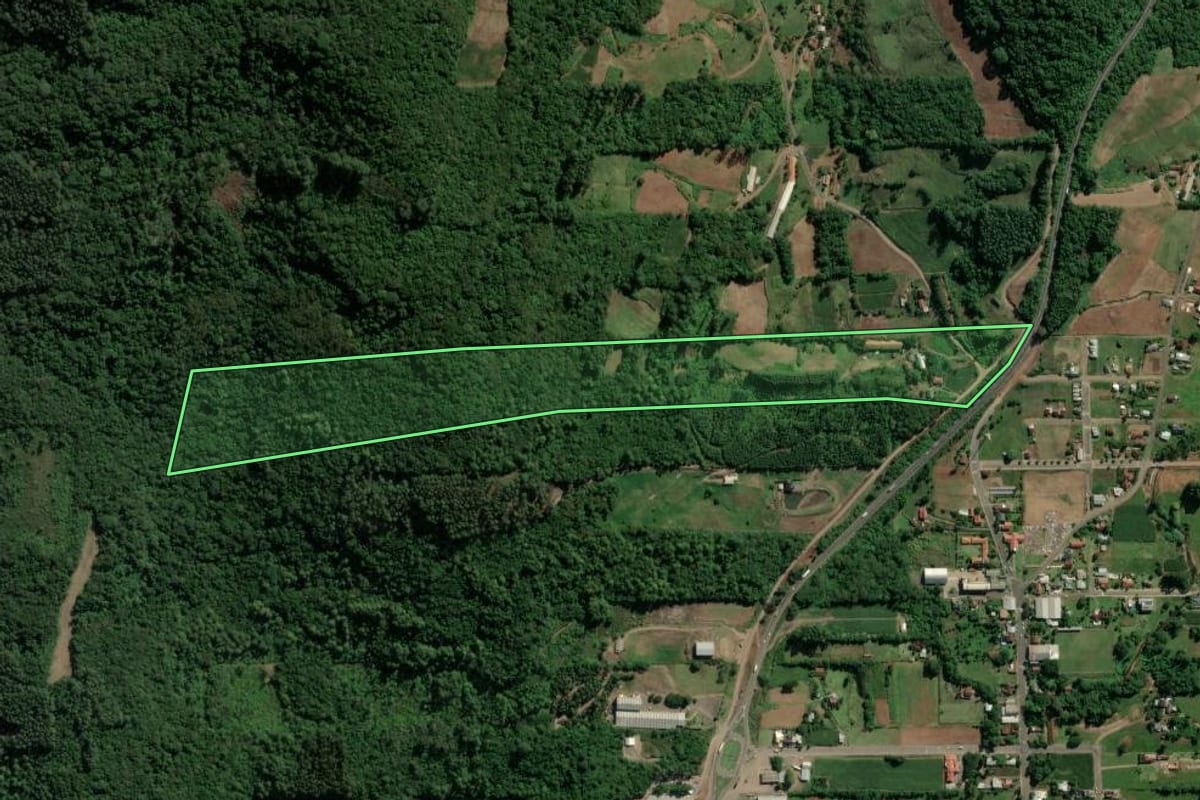 Imagem de satélite do imóvel rural em Westfália (RS), com o contorno declarado no CAR desenhado por cima.