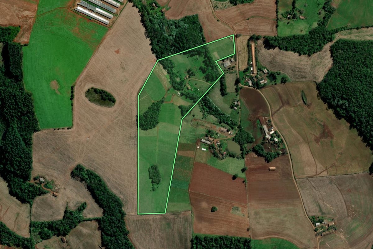Imagem de satélite do imóvel rural em Águas de Chapecó (SC), com o contorno declarado no CAR desenhado por cima.