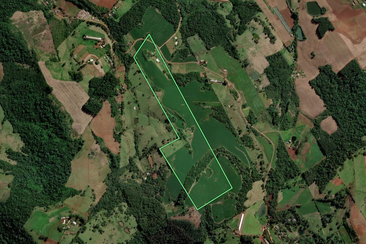Imagem de satélite do imóvel rural em Águas de Chapecó (SC), com o contorno declarado no CAR desenhado por cima.