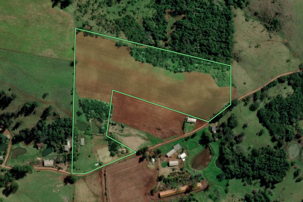 Imagem de satélite do imóvel rural em Águas de Chapecó (SC), com o contorno declarado no CAR desenhado por cima.