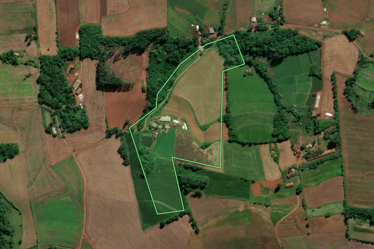 Imagem de satélite do imóvel rural em Águas de Chapecó (SC), com o contorno declarado no CAR desenhado por cima.