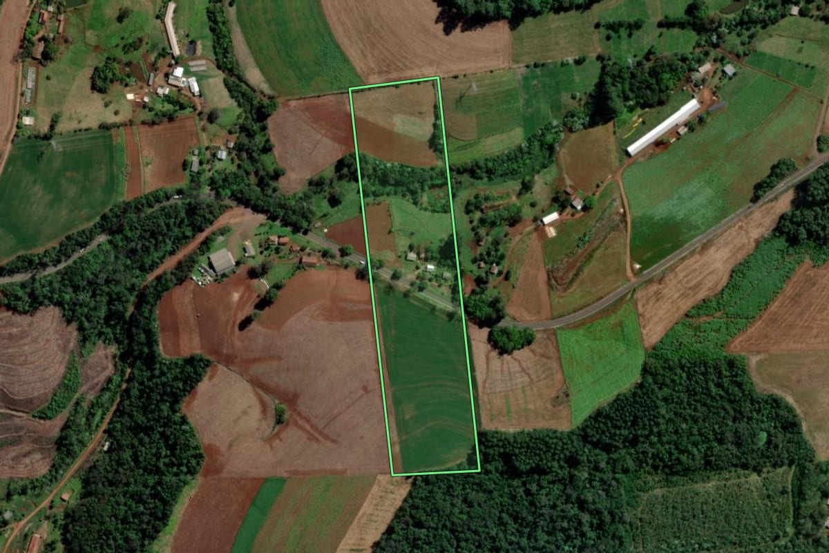 Imagem de satélite do imóvel rural em Águas de Chapecó (SC), com o contorno declarado no CAR desenhado por cima.