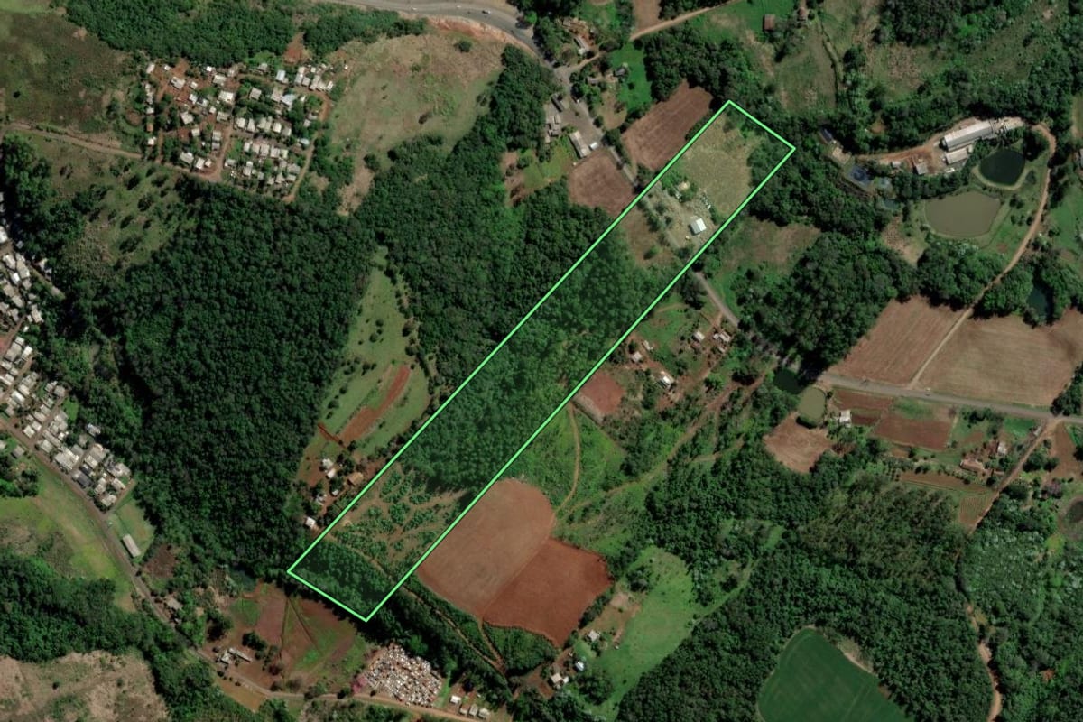 Imagem de satélite do imóvel rural em Águas de Chapecó (SC), com o contorno declarado no CAR desenhado por cima.