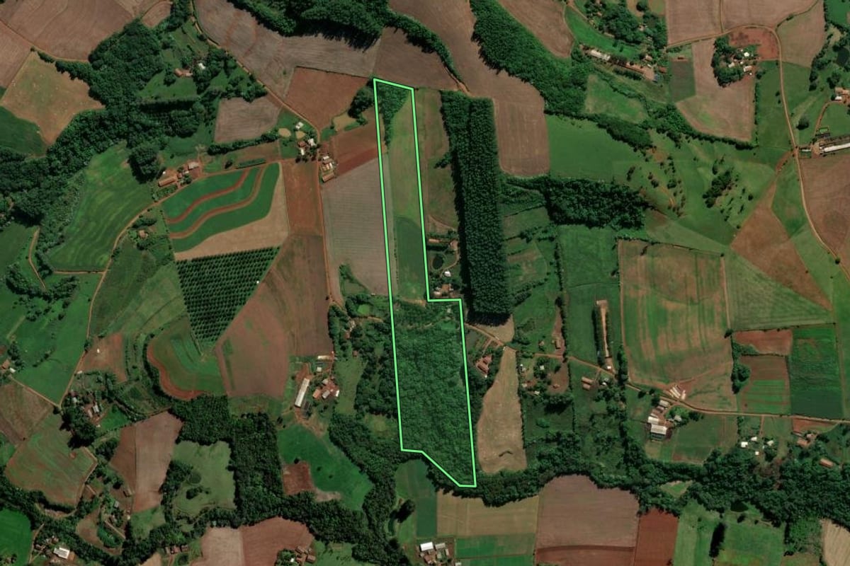 Imagem de satélite do imóvel rural em Águas de Chapecó (SC), com o contorno declarado no CAR desenhado por cima.