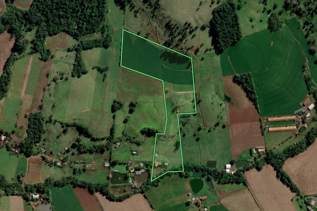Imagem de satélite do imóvel rural em Águas de Chapecó (SC), com o contorno declarado no CAR desenhado por cima.