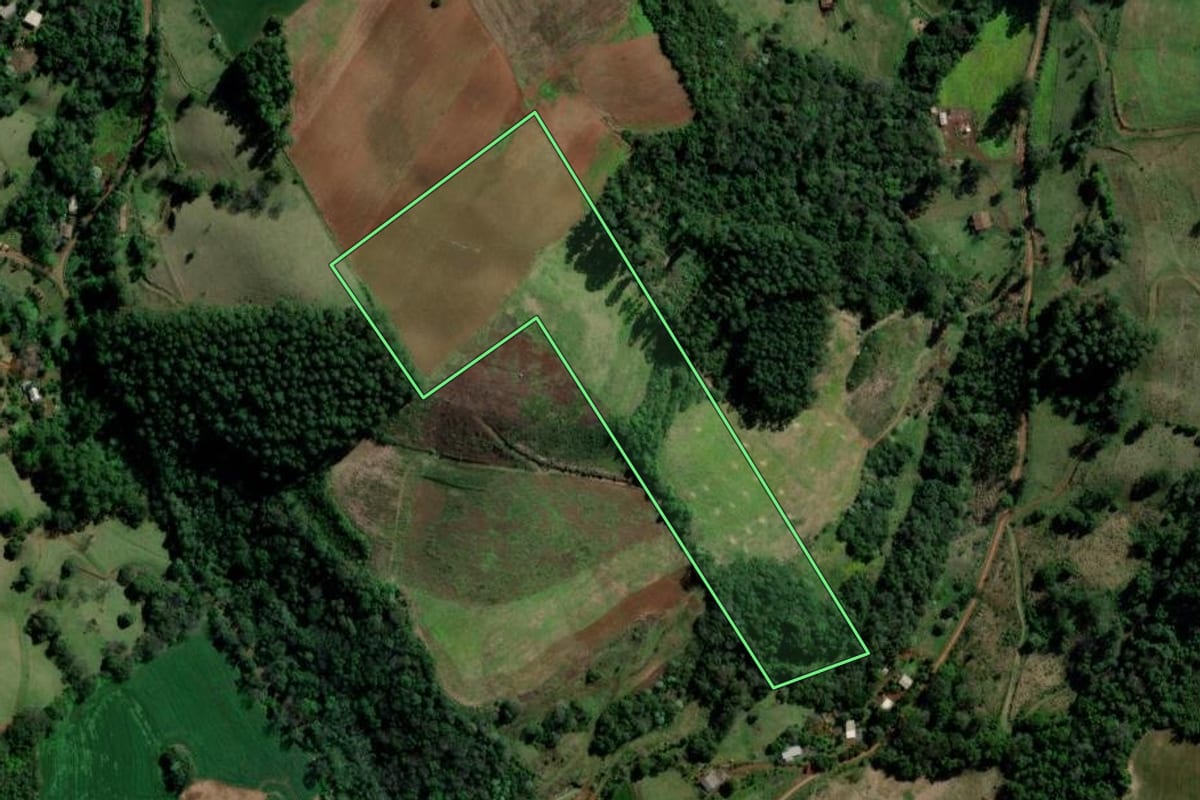 Imagem de satélite do imóvel rural em Águas de Chapecó (SC), com o contorno declarado no CAR desenhado por cima.