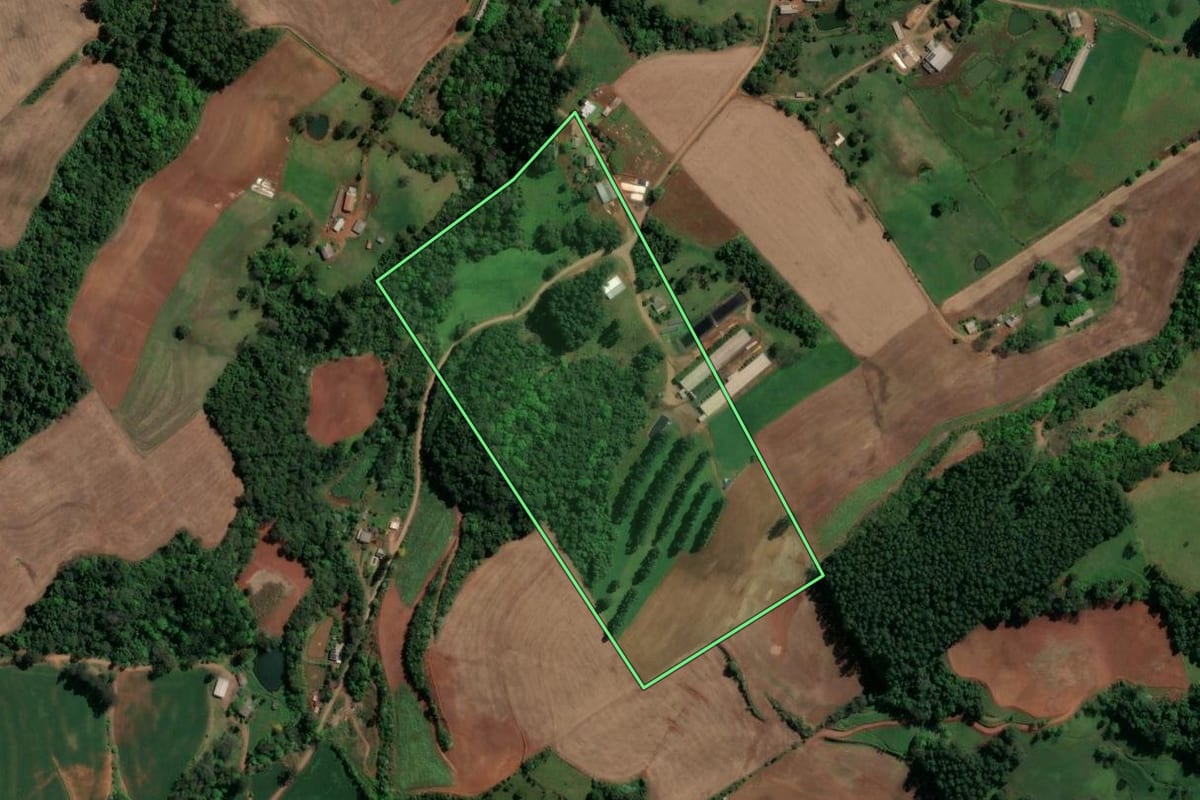 Imagem de satélite do imóvel rural em Águas Frias (SC), com o contorno declarado no CAR desenhado por cima.