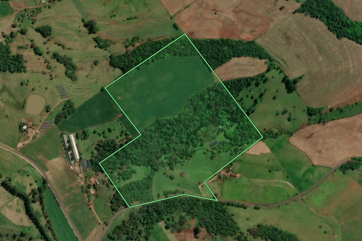 Imagem de satélite do imóvel rural em Águas Frias (SC), com o contorno declarado no CAR desenhado por cima.